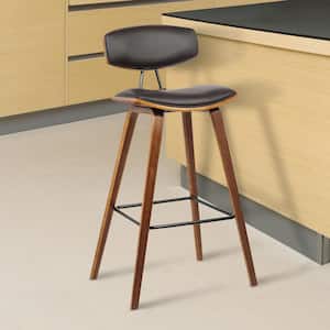 Fox 28.5 in. Mid-Century Bar Height Bar Stool in Brown Faux Leather with Walnut Wood