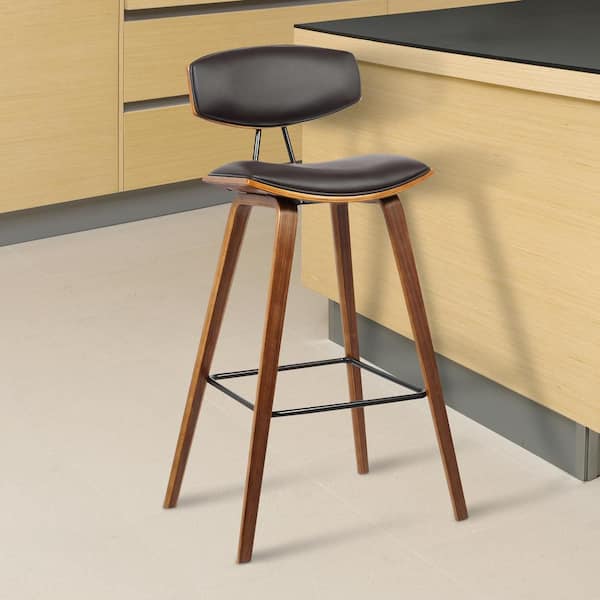 Armen Living Fox 28.5 in. Mid-Century Bar Height Bar Stool in Brown Faux Leather with Walnut Wood