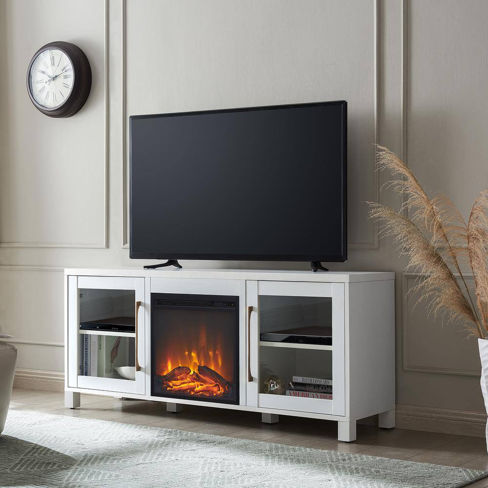 Elegant White 58" TV Stand with Integrated Fireplace and Storage Cabinets