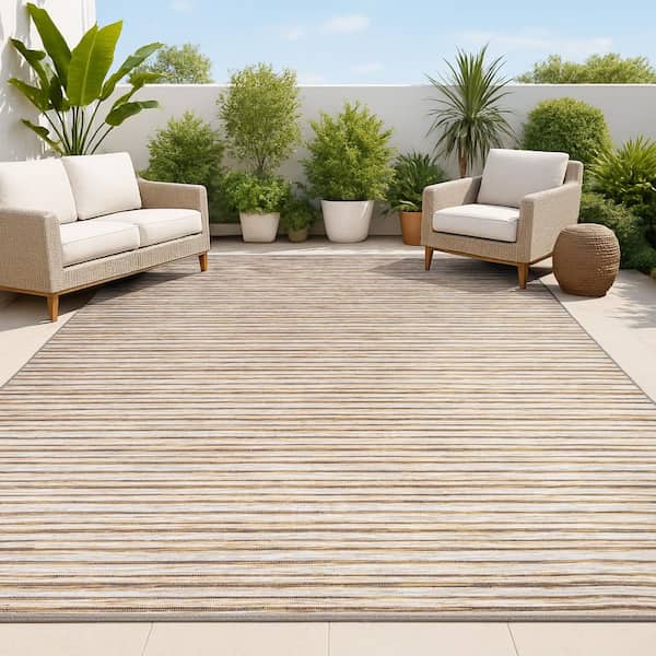 Finn Modern Farmhouse Pinstripe Natural/Brown 8 ft. x 10 ft. Indoor/Outdoor Area Rug