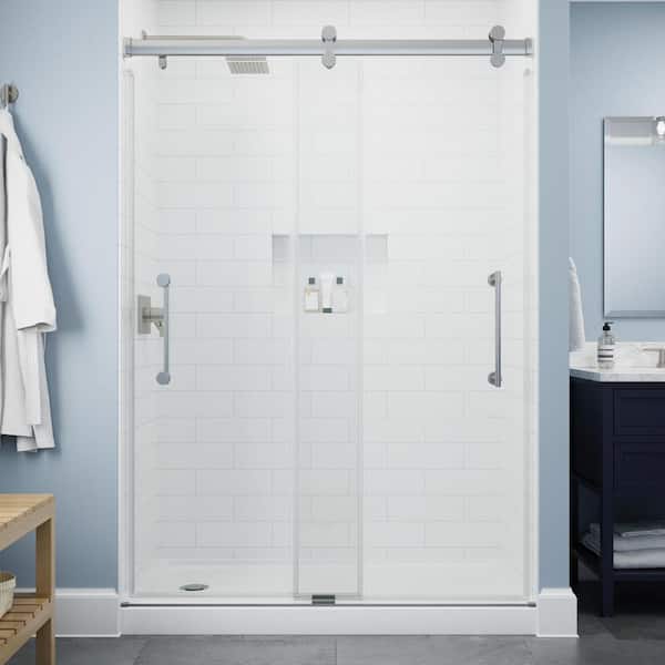 Delta Paxos 51-1/2 to 60 in. W x 76 in. H Frameless Sliding Shower Door in Satin Chrome with 5/16 in. Clear Glass