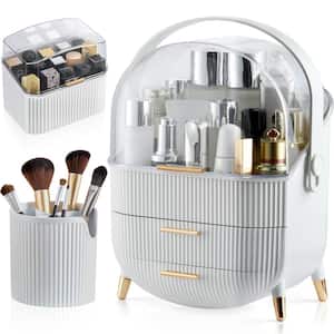 Makeup Storage Organizer Display Case with 2-Layer Storage Box and Transparent Cover, for Bedroom Vanity Desk in White