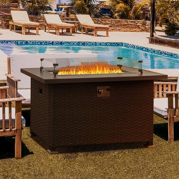 Dark Gray Rectangle Steel 43.31 in. 50000 BTU Propane Fire Pit Table with Glass Wind Guard and ETL-Certified