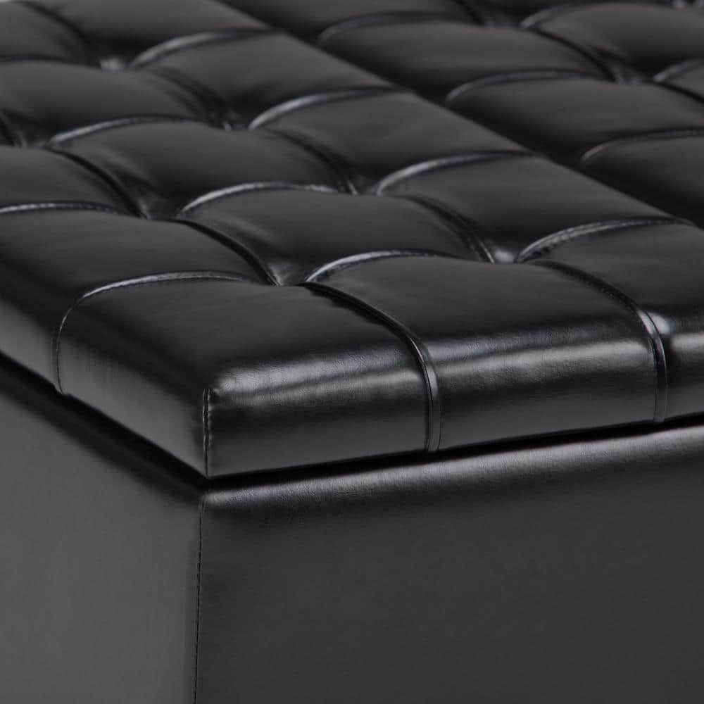 Midnight Black Tufted Faux Leather 36" Square Storage Ottoman