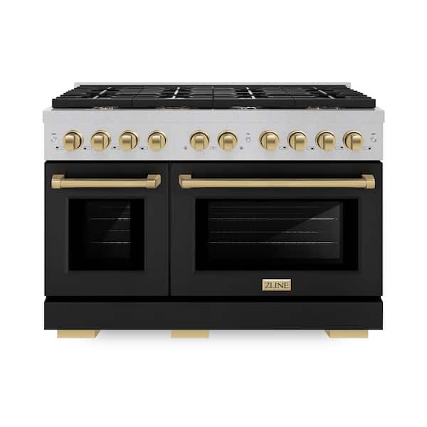 ZLINE Kitchen and Bath Autograph 48 in. Paramount Double Oven Dual Fuel Range with 8 Burners in Satin Steel with Black Doors and Bronze Accents