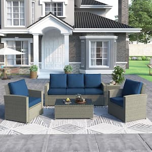 5-Piece Gray Wicker Patio Conversation Set with Blue Cushions and 2 Tables
