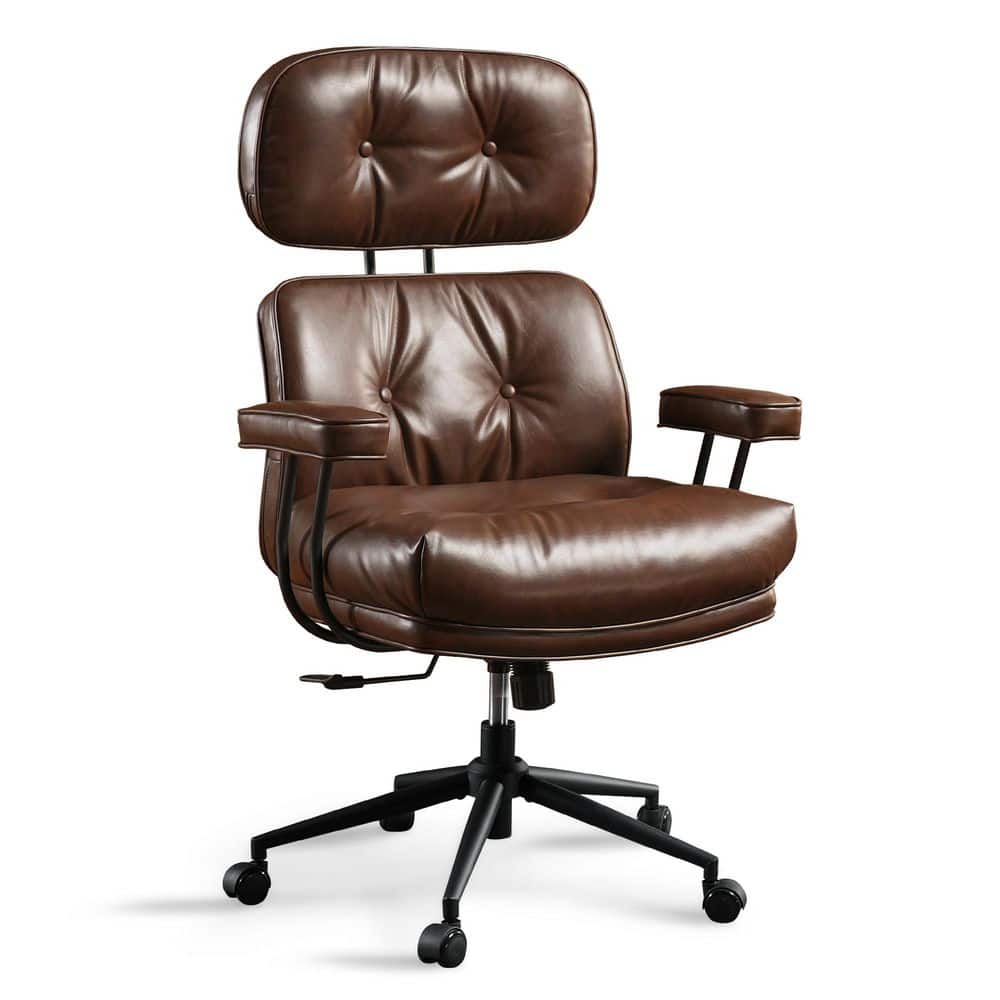Kro PU Fabric Swivel Ergonomic Office Task Chair in Dark Brown with Recliner High Back Lumbar Support Adjustable Arms