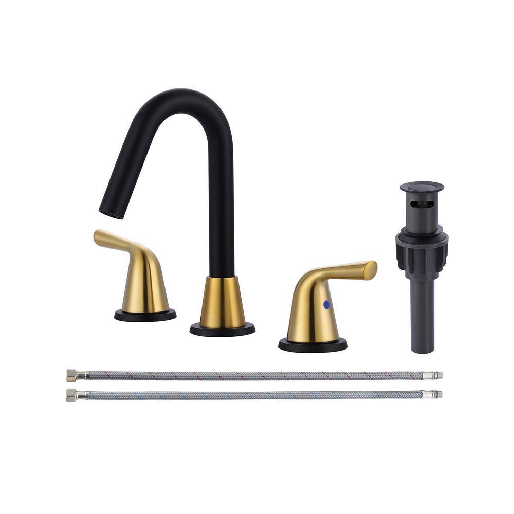8 in. Widespread Double Handle Bathroom Faucet with Drain Kit and Supply Lines Included in Spot Resist Black and Gold price history on PriceWatchPro