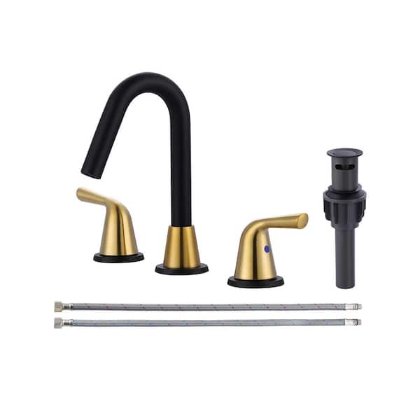AVITAS 8 in. Widespread Double Handle Bathroom Faucet with Drain Kit and Supply Lines Included in Spot Resist Black and Gold
