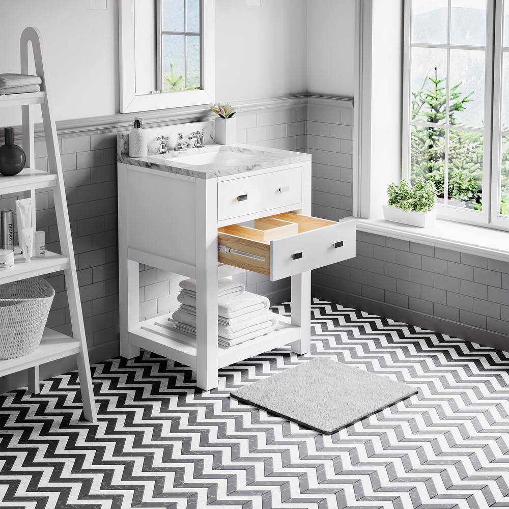 24" Pure White Solid Hardwood Bathroom Vanity with Marble Top
