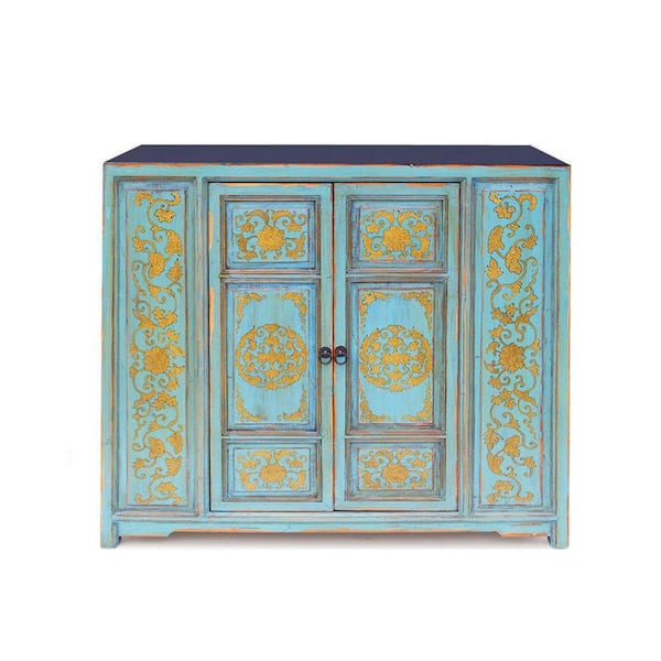 Benjara Teal and Gold Wood Top 43 in. Sideboard with 2 Doors