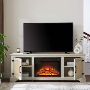 65 in. Freestanding TV Stand with 23 in. Fireplace Insert, Adjustable Shelf Wood, Natural Rattan Door Cabinet, White