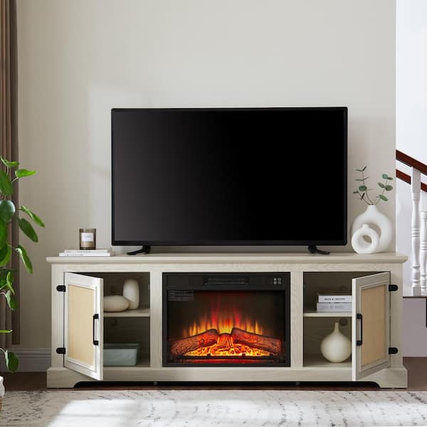 ToolCat 65 in. Freestanding TV Stand with 23 in. Fireplace Insert, Adjustable Shelf Wood, Natural Rattan Door Cabinet, White