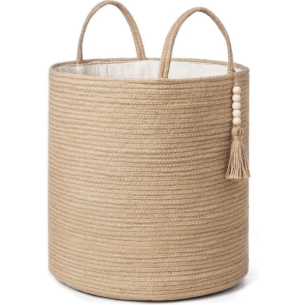 Brown 15 in. x 17.7 in. Jute Decorative Basket with Handles
