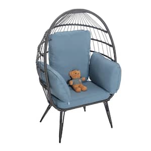Black Patio Swing Wicker Steel Frame Outdoor Egg Lounge Chair with Blue Cushion
