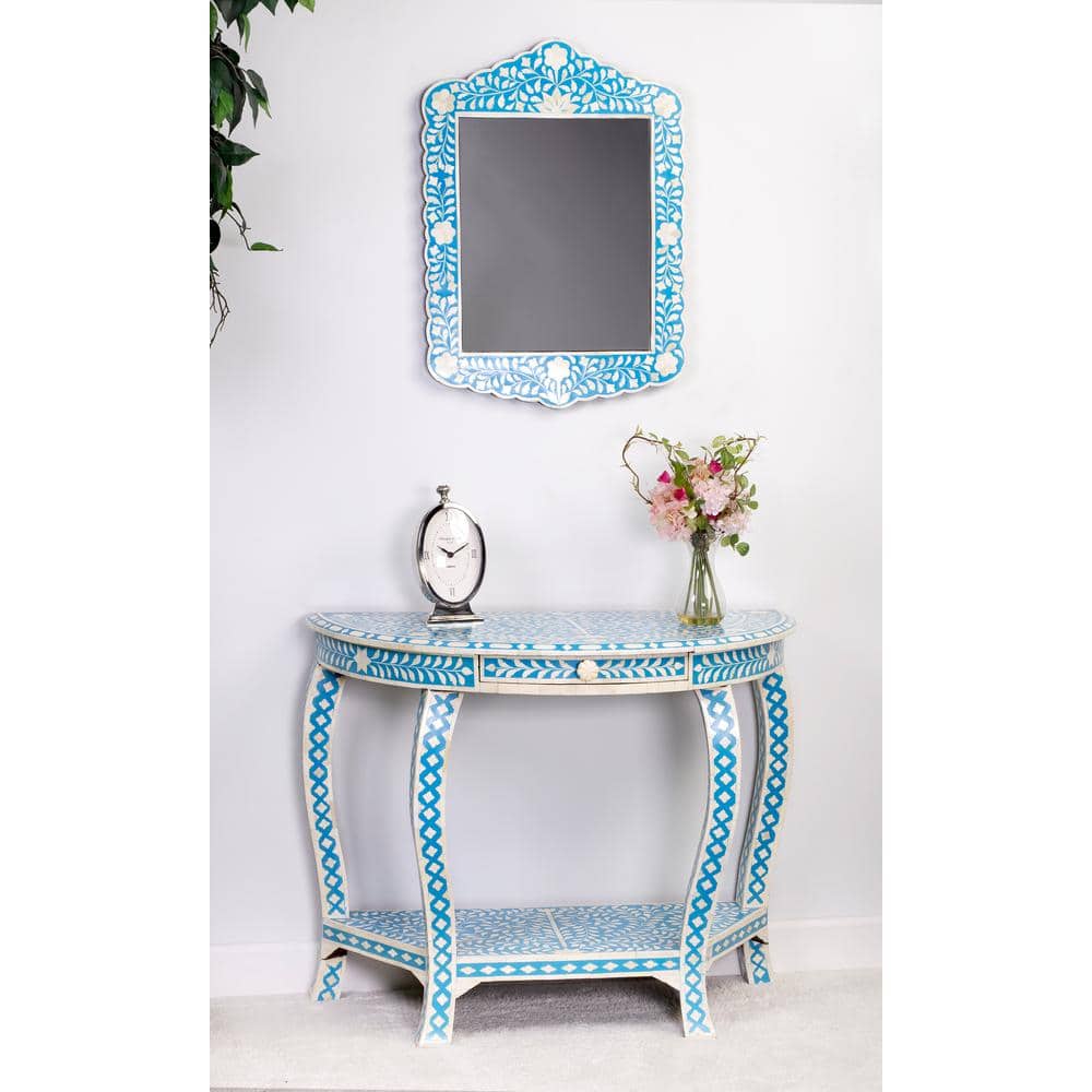 Vivienne Blue Bone Inlay Demilune Console Table with Storage
