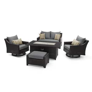 Deco Motion 5-Piece Wicker Patio Fire Pit Conversation Set with Sunbrella Charcoal Grey Cushions