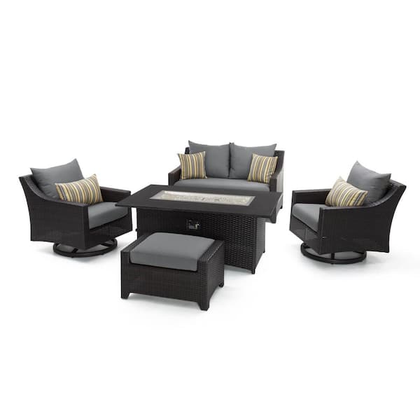 RST BRANDS Deco 5-Piece Wicker Motion Patio Fire Pit Conversation Set with Sunbrella Charcoal Gray Cushions
