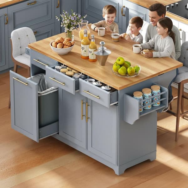 Modern Gray Wood 59.3 in. Drop Leaf Power Outlet Kitchen Island with Trash Can Storage and Pull Out Cabinet Organizers