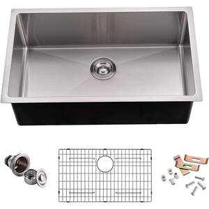 Brushed Nickel 16 Gauge Stainless Steel 30in. Single Bowl Undermount Kitchen Sink with Bottom Grid and Strainer Basket