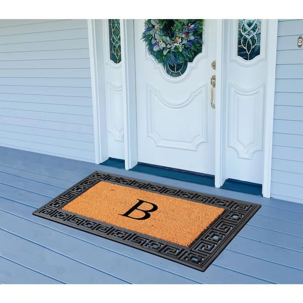 A1HC Greek Key Border Black/Beige 24 in. x 36 in. Rubber and Coir Heavy Duty Easy to Clean Monogrammed B Door Mat