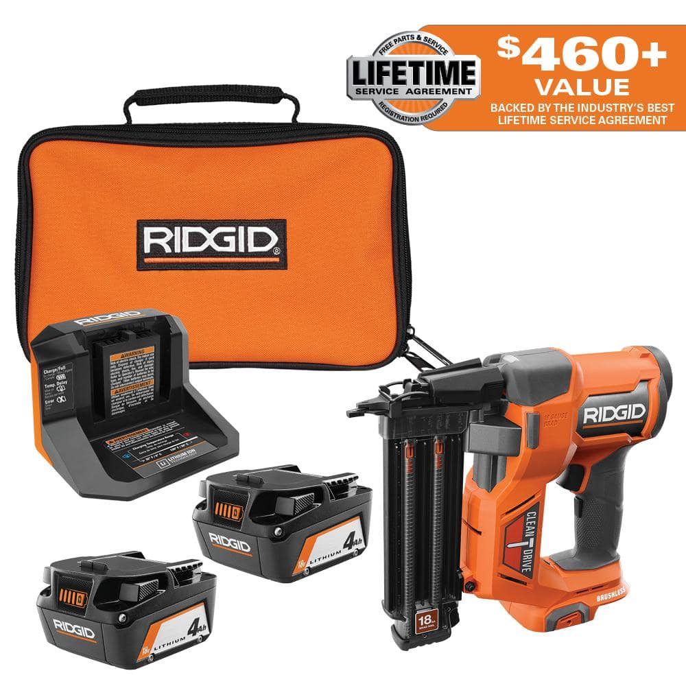 18V Brushless Cordless 18-Gauge 2-1/8 in. Brad Nailer with (2) 4.0 Ah Batteries, Charger, and Bag -  RIDGID, R0989193044