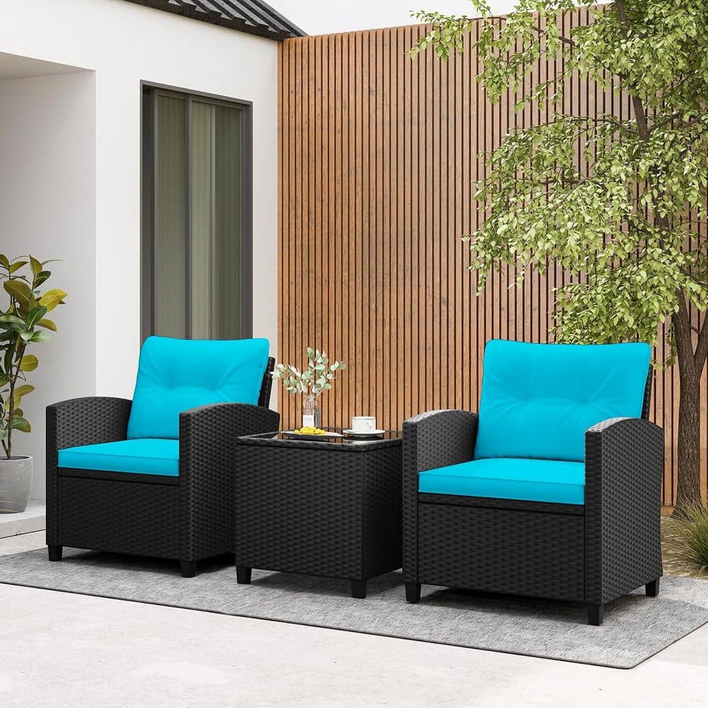Black 3-Piece Wicker Patio Conversation Set with Turquoise Cushions