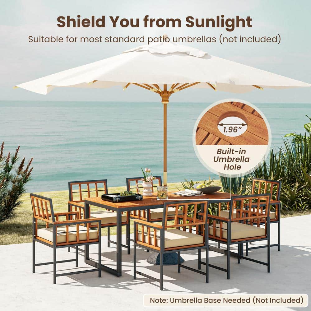 7-Piece Beige Cushion Acacia Wood Outdoor Dining Set