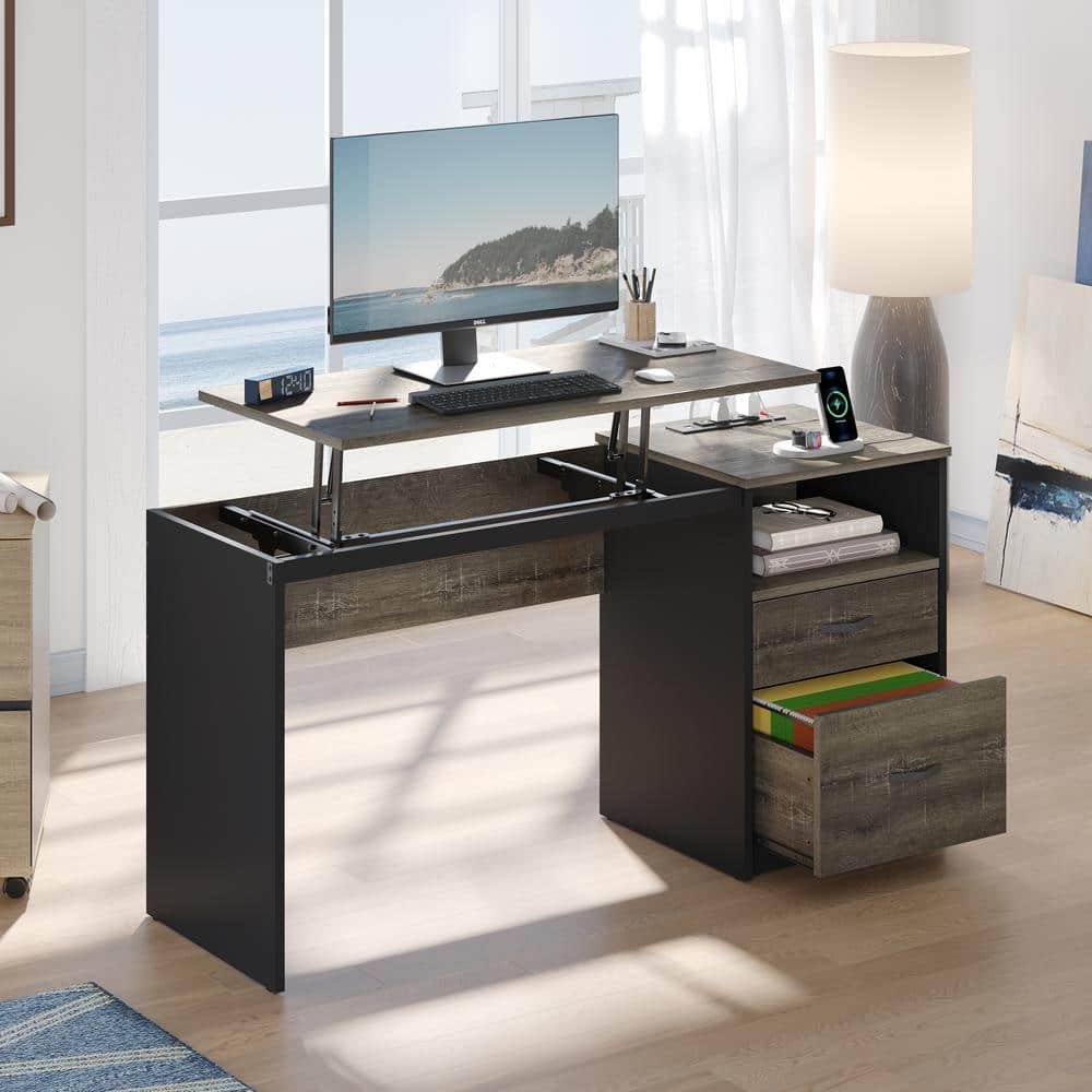 Retro Grey Oak Adjustable Height Standing Desk with Drawer and Power Outlet