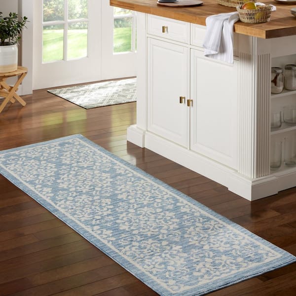 Everyday Walker Damask Medallion Light Blue 24 in. x 72 in. Machine Washable Runner Kitchen Mat