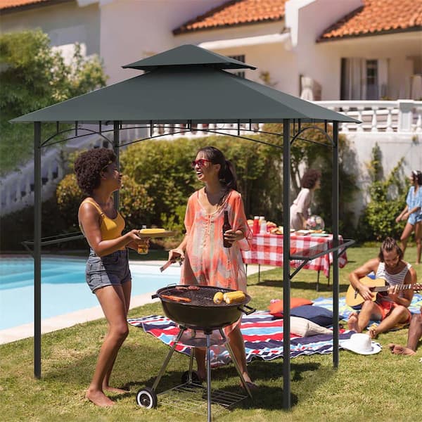 8 ft. x 5 ft. Gray Grill Gazebo with 2 Shelves 7 Hooks Metal Frame Soft Top