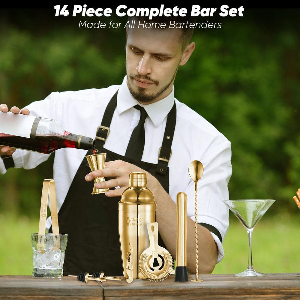 Gold Stainless Steel 14-Piece Bartender Kit with Bamboo Stand
