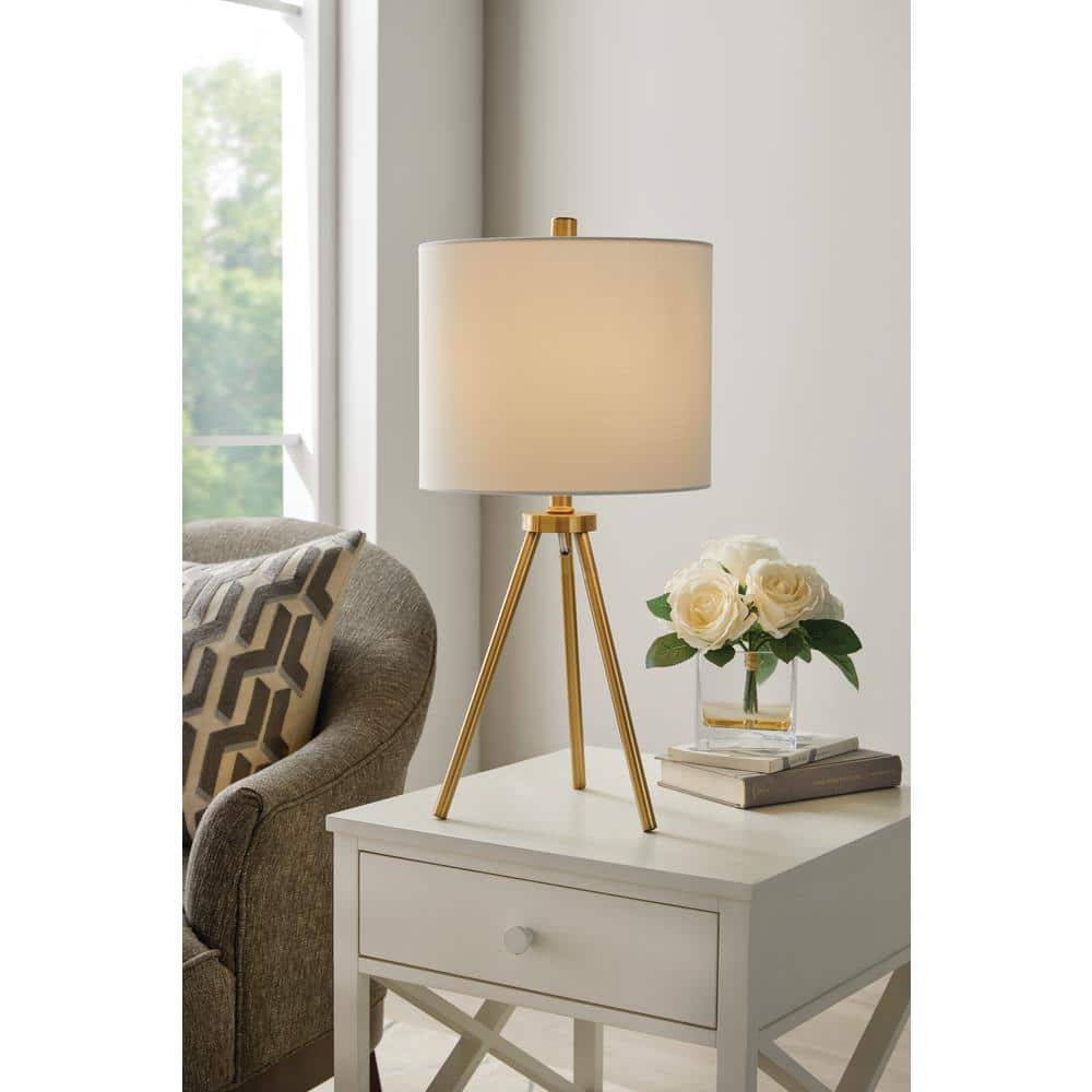 Hampton Bay Quinby 22 in. Gold Tripod Table Lamp with White Fabric