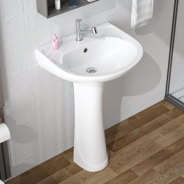 HOMLYLINK Pedestal Sink White Vitreous China Novelty U-Shape Pedestal Bathroom Sink with Overflow Drain Single Faucet Hole Combo