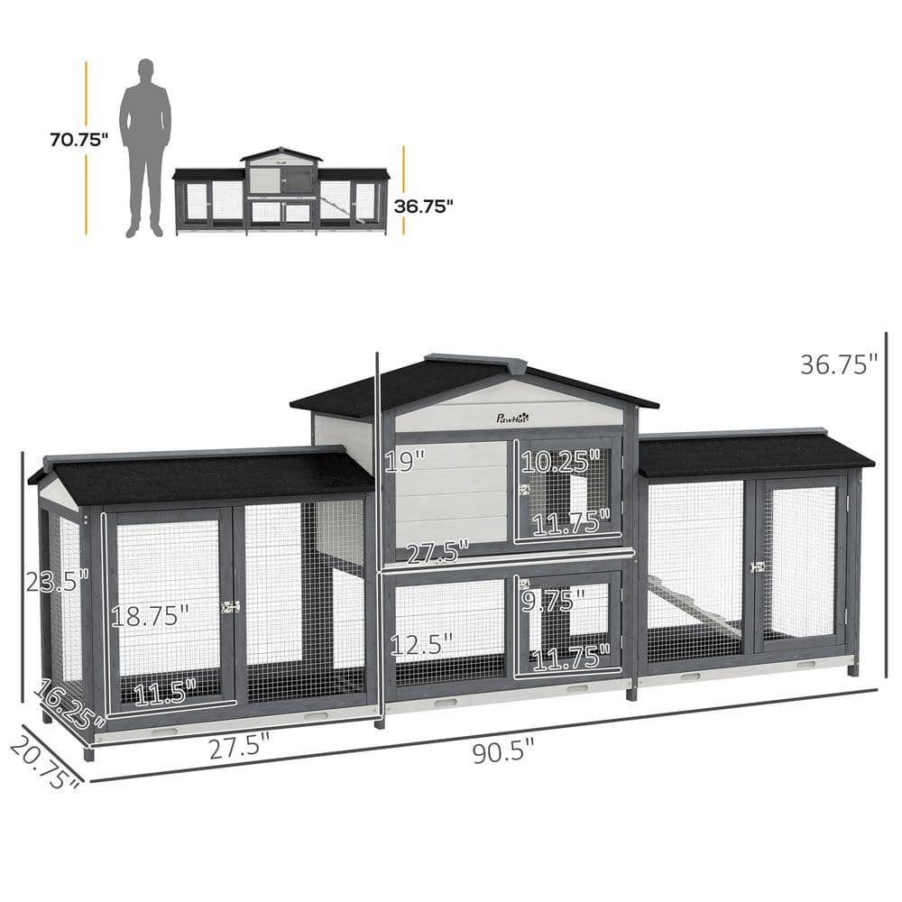 Gray Wooden Guinea Pig Hutch with Double Run and Ramp