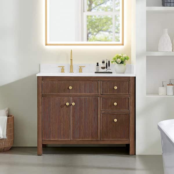 Cerrito 42 in. Single Freestanding Brown Brushed Oak Bath Vanity with Grain White Engineered Stone Top Assembled