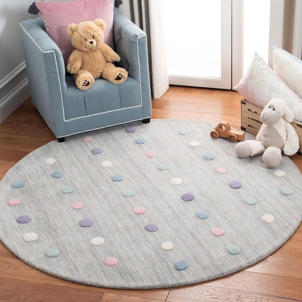 Kids 5 ft. x 5 ft. Silver Polka-Dot Round Area Rug
