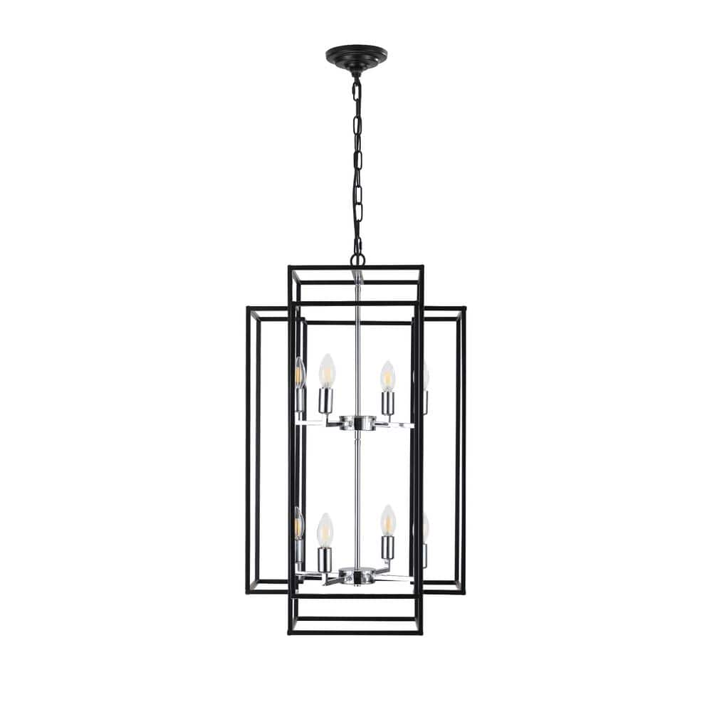 8-Light Farmhouse Lantern Tiered Black+Silver Industrial Chandelier for Liv