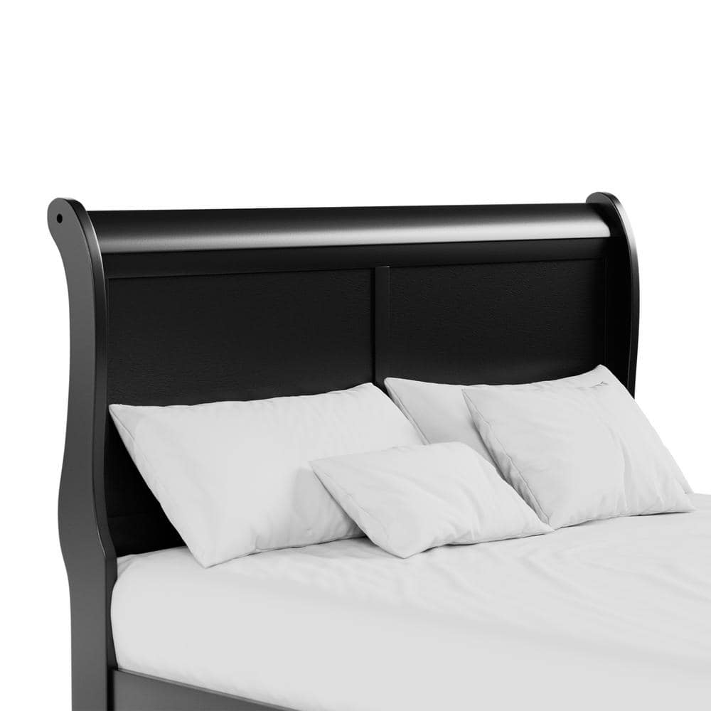Black Solid Wood Sleigh Full Bed Frame with Headboard