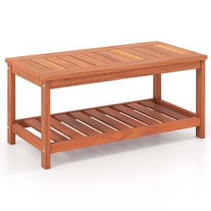 Natural Rectangle Wood Outdoor Coffee Table 2-Tier Patio Side Table Solid Wood Porch