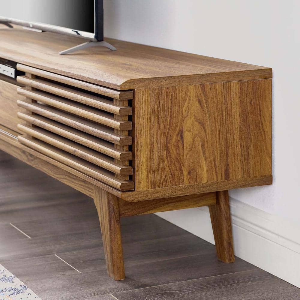 Mid-Century Modern 70" Walnut TV Stand with Sliding Doors and Storage