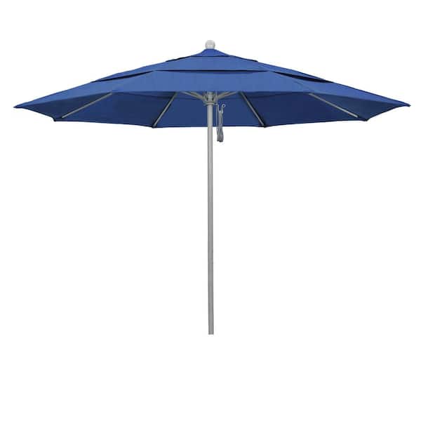 California Umbrella 11 ft. Gray Woodgrain Aluminum Commercial Market Patio Umbrella Fiberglass Ribs and Pulley Lift in Regatta Sunbrella
