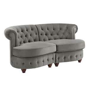 69 in. Gray Velvet Tufted Scroll Arm Chesterfield Curved 2-Seat Loveseat