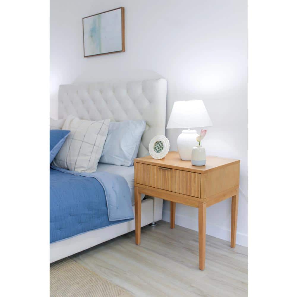 Natural Brown Fluted Wood Nightstand Set with Brass Handles