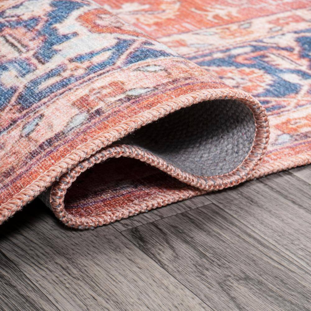 Maris Blue and Orange Medallion Washable Area Rug