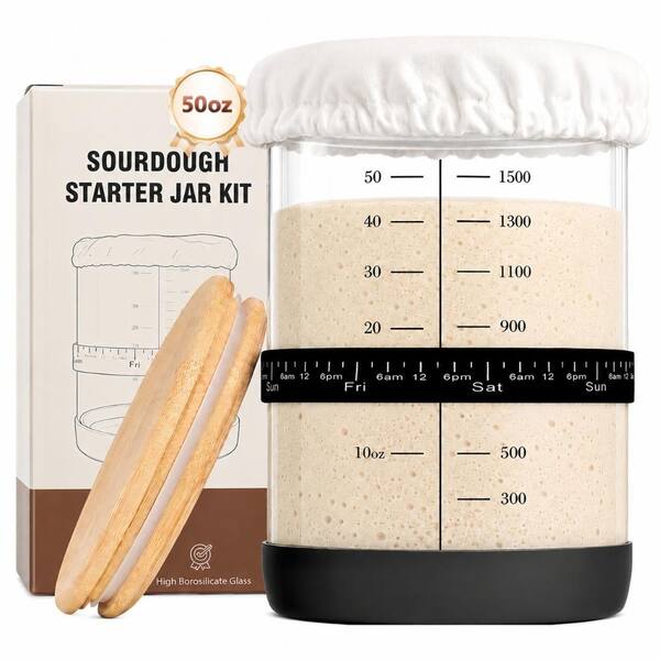 50 oz Wide Mouth Glass Sourdough Starter Jar with Feeding Band and Starter Care Accessories