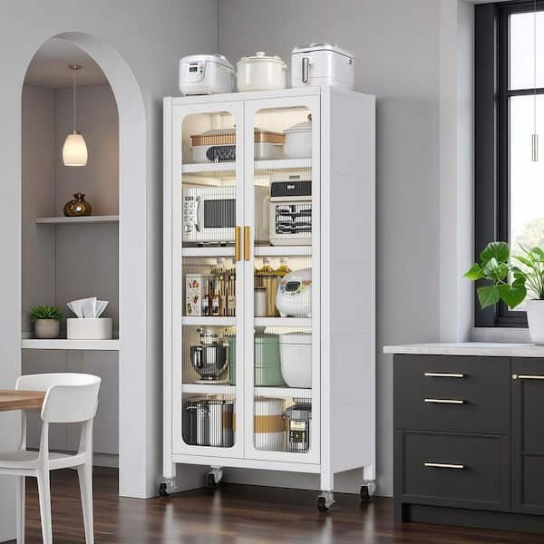 White 6-Tier Metal Kitchen Pantry Storage Cabinet with Transparent Door, Adjustable Shelves and Wheels