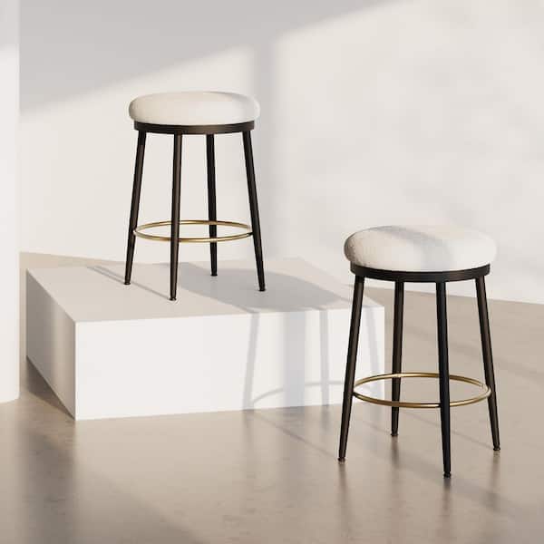 24.75 in. H White Metal Frame Velvet Upholstered Round Bar Stool Set of 2 with Cross Bar, Sponge Cushion