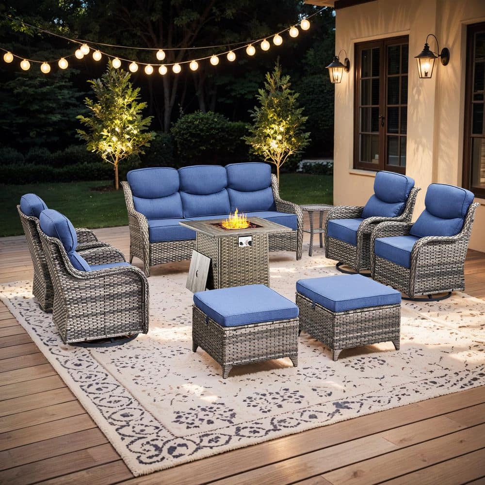 Holion 9-Piece Gray Wicker Rectangle Fire Pit Patio Conversation Sofa Seating Sets with Blue Cushions and Rocking Chairs price history on PriceWatchPro