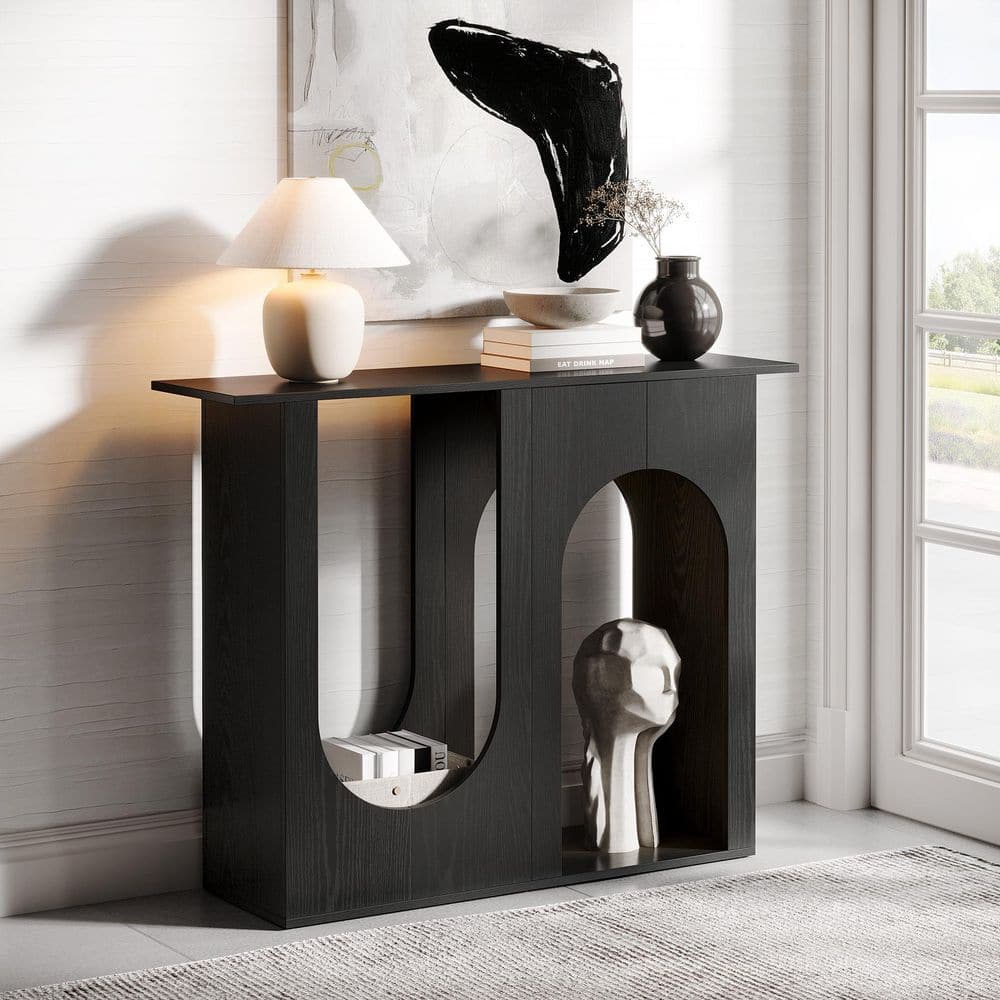 BYBLIGHT Turrella 39.37 in. Black Entryway Table, Rectangle Wood Console Table with Arched Design, Modern Foyer Table for Hallway BB-JW1089YF